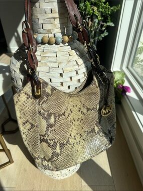Michael Kors Taupe and Brown Snake-Print Shoulder Hobo